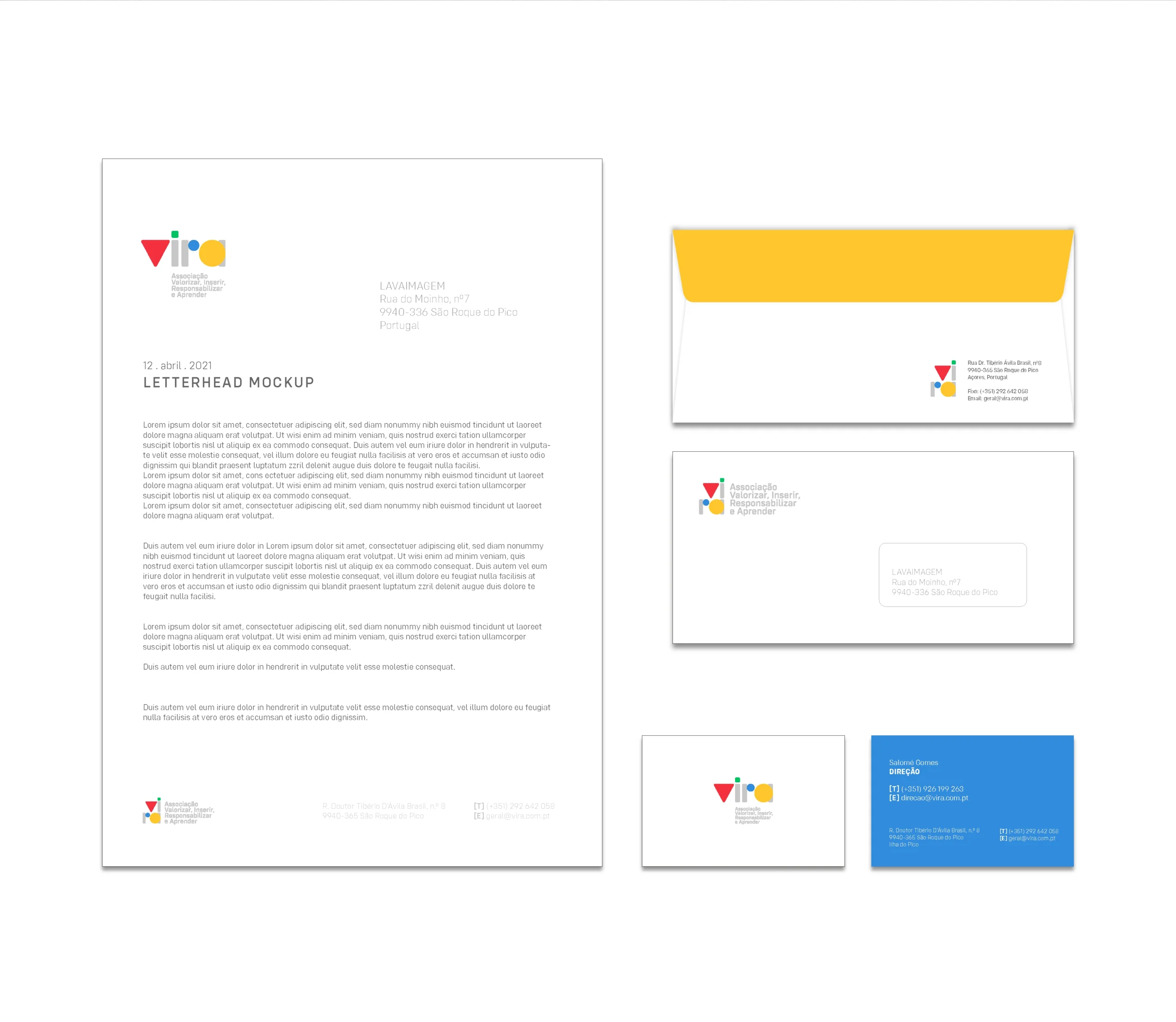 Practical application of the VIRA Association logo on corporate stationery, including business cards and envelopes, demonstrating the reach of the brand and the care in design provided by Lava